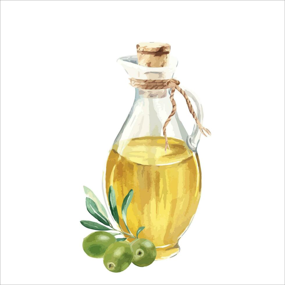 sammansättning av glas kanna med olja och oliv gren med grön oliver. hand dragen vattenfärg illustration på en vit bakgrund. för meny, produkt och italienska, grekisk, spanska kök design vektor