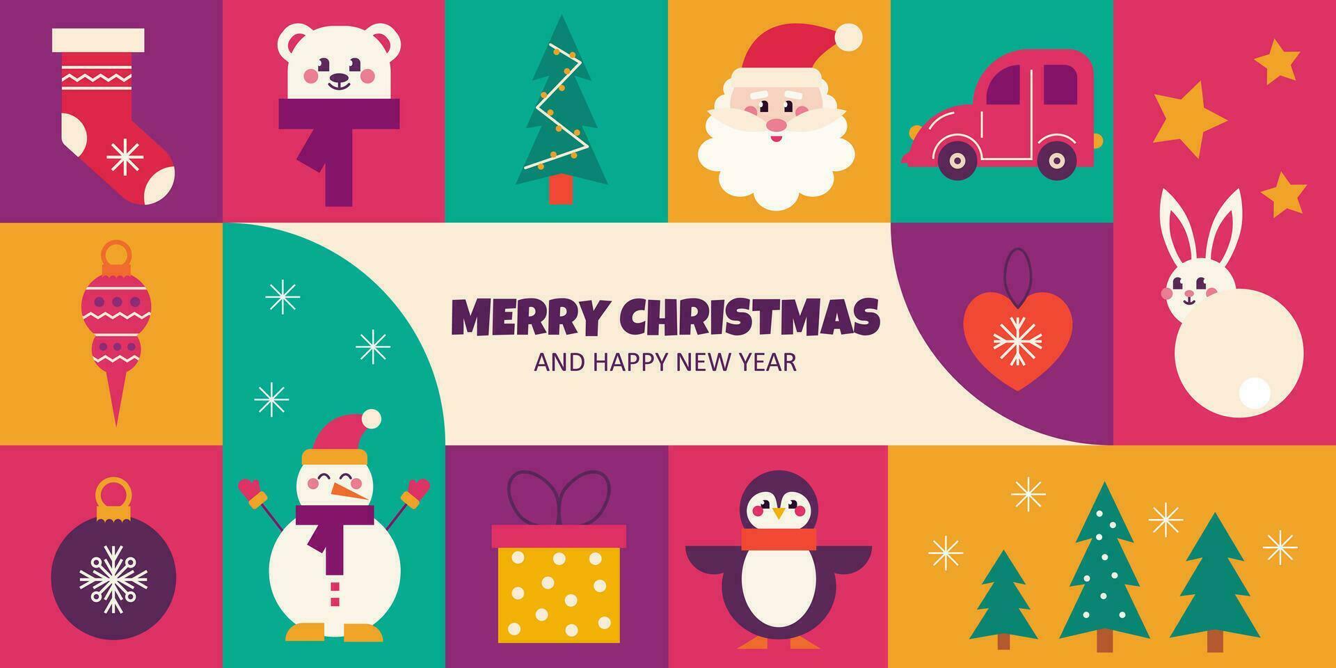 jul trendig design, jul träd, gåvor, vinter- element och ny år dekorationer. vektor illustration i platt geometrisk stil