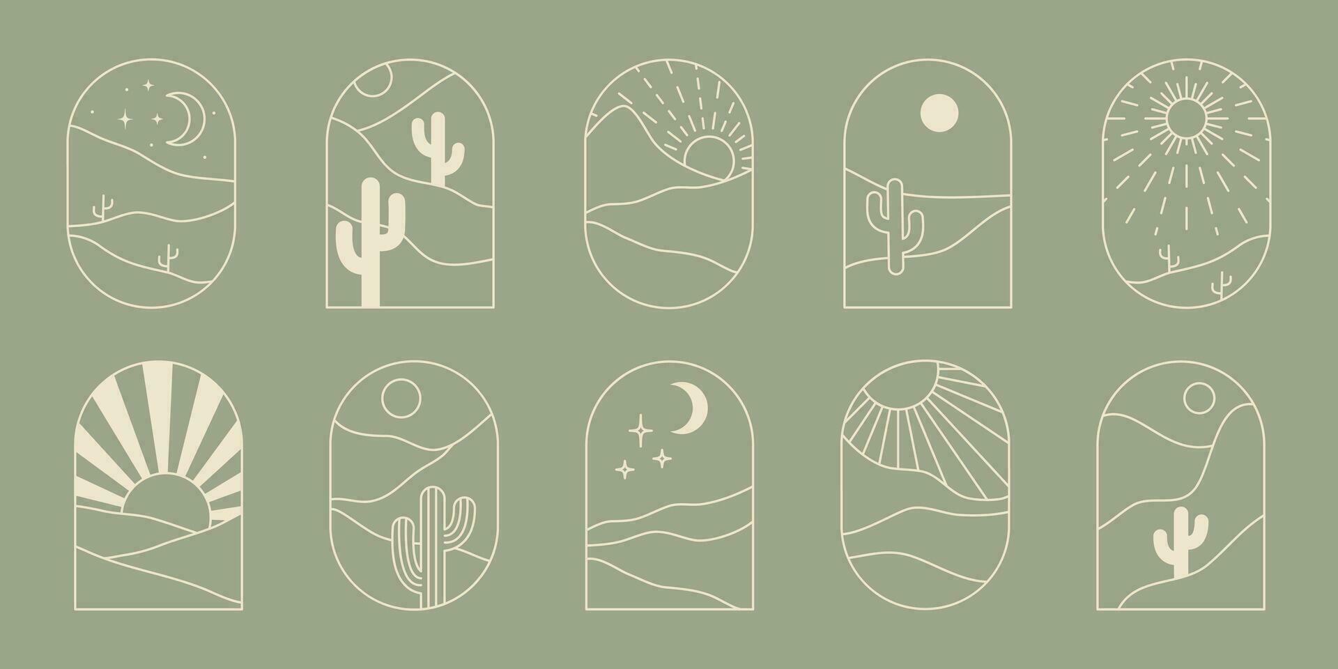 Boho Logo Landschaft mit Wüste. Kaktus, sandig Berge, Sonne und Mond. abstrakt Design Vorlagen. Vektor Bohemien groß einstellen im modisch Liner Stil