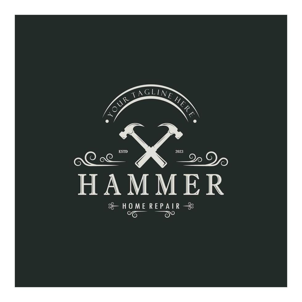 retro Jahrgang gekreuzt Hammer und Nagel Logo zum Zuhause Reparatur Dienstleistungen, Zimmerei, Abzeichen, Bauherren, Holzbearbeitung, Konstruktion, Vektor