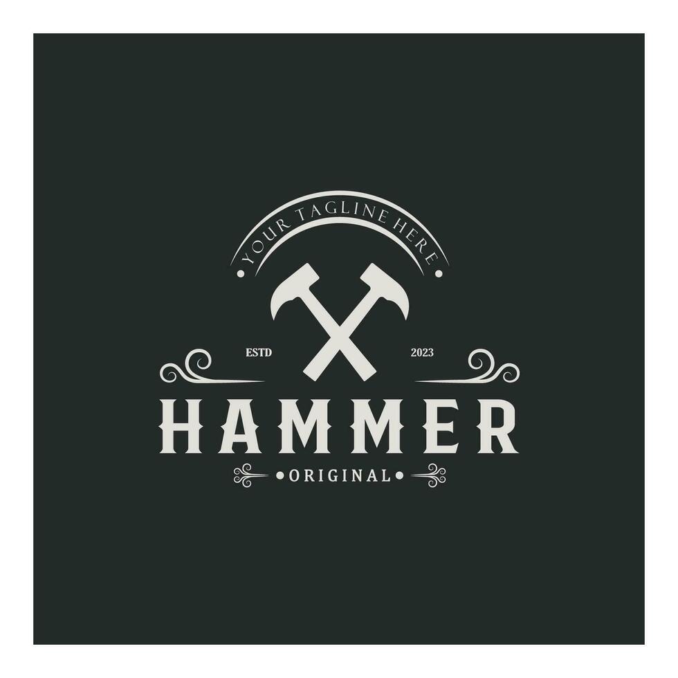 retro Jahrgang gekreuzt Hammer und Nagel Logo zum Zuhause Reparatur Dienstleistungen, Zimmerei, Abzeichen, Bauherren, Holzbearbeitung, Konstruktion, Vektor