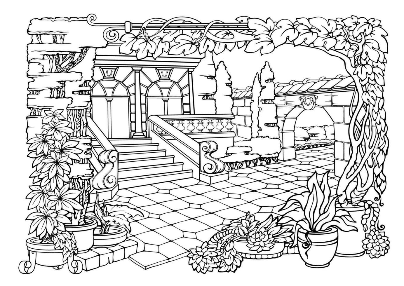 Färbung Seite schön Garten. Terrasse, exotisch Pflanzen. detailliert Vektor Illustration.