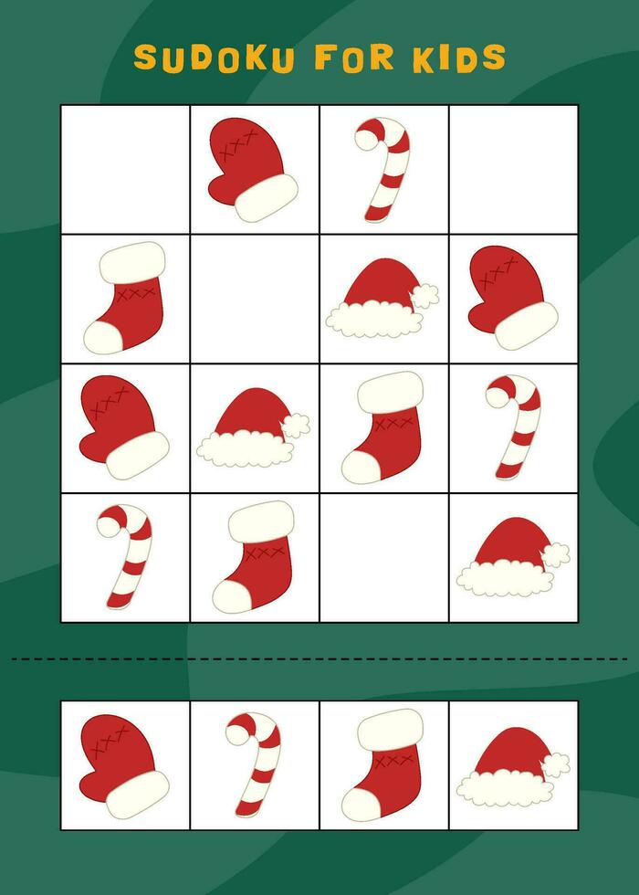jul sudoku spel för barn med söt objekt. barn aktivitet ark. vinter- aktivitet sida. vektor