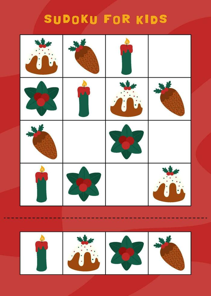 Weihnachten Sudoku Spiel zum Kinder mit süß Objekte. Kinder Aktivität Blatt. Winter Aktivität Buchseite. vektor