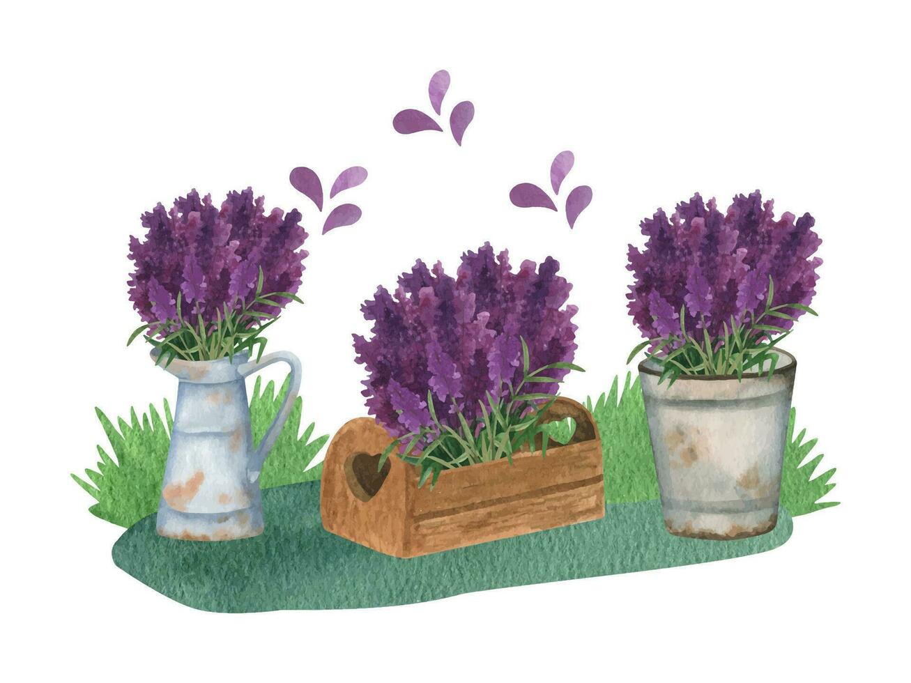 provence vattenfärg rostig hink med lavendel- blommor, trä- låda och duk påsar vektor