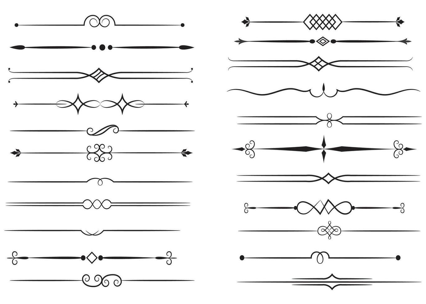 Seite Teiler und Design Elemente. einstellen von verschiedene einfach schwarz Teiler Design, sortiert Teiler Sammlung Vorlage Vektor. Sammlung von Blumen- Teiler Elemente Mega Dekoration zum Kalligraphie. vektor