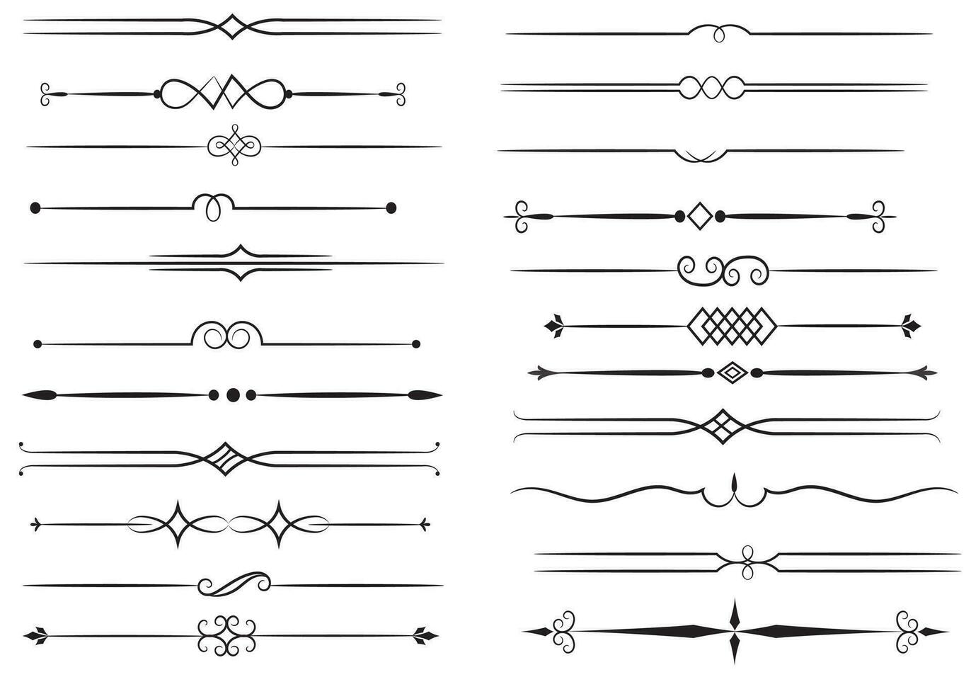 Seite Teiler und Design Elemente. einstellen von verschiedene einfach schwarz Teiler Design, sortiert Teiler Sammlung Vorlage Vektor. Sammlung von Blumen- Teiler Elemente Mega Dekoration zum Kalligraphie. vektor