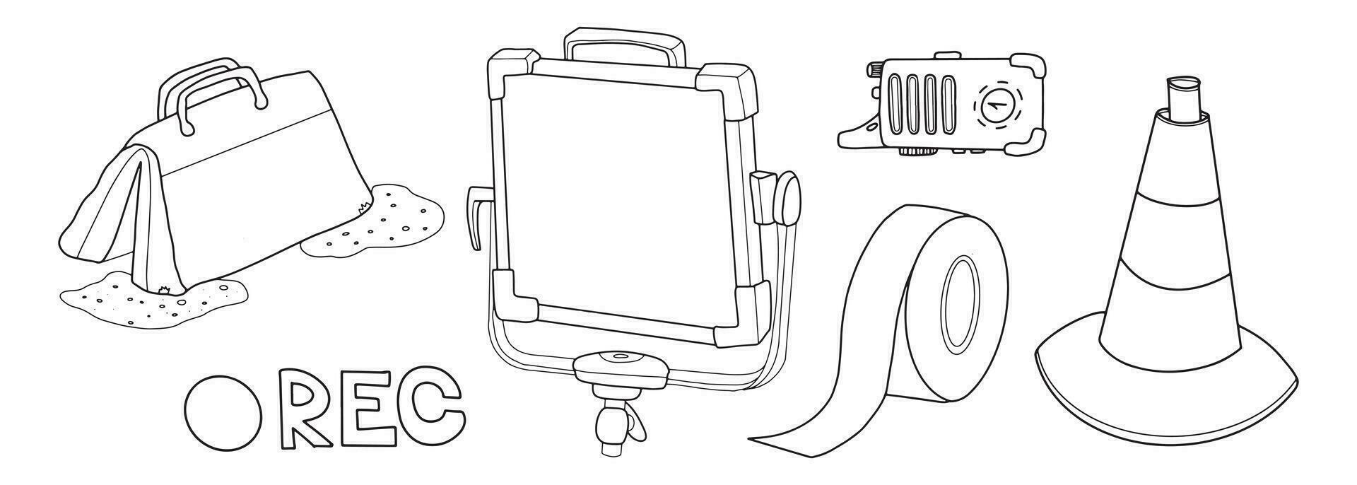 konstnärlig klotter linje konst illustration uppsättning av filmskapande element kamera, tejp, och Mer. svart och vit isolerat översikt teckning för film eller TV industri vektor