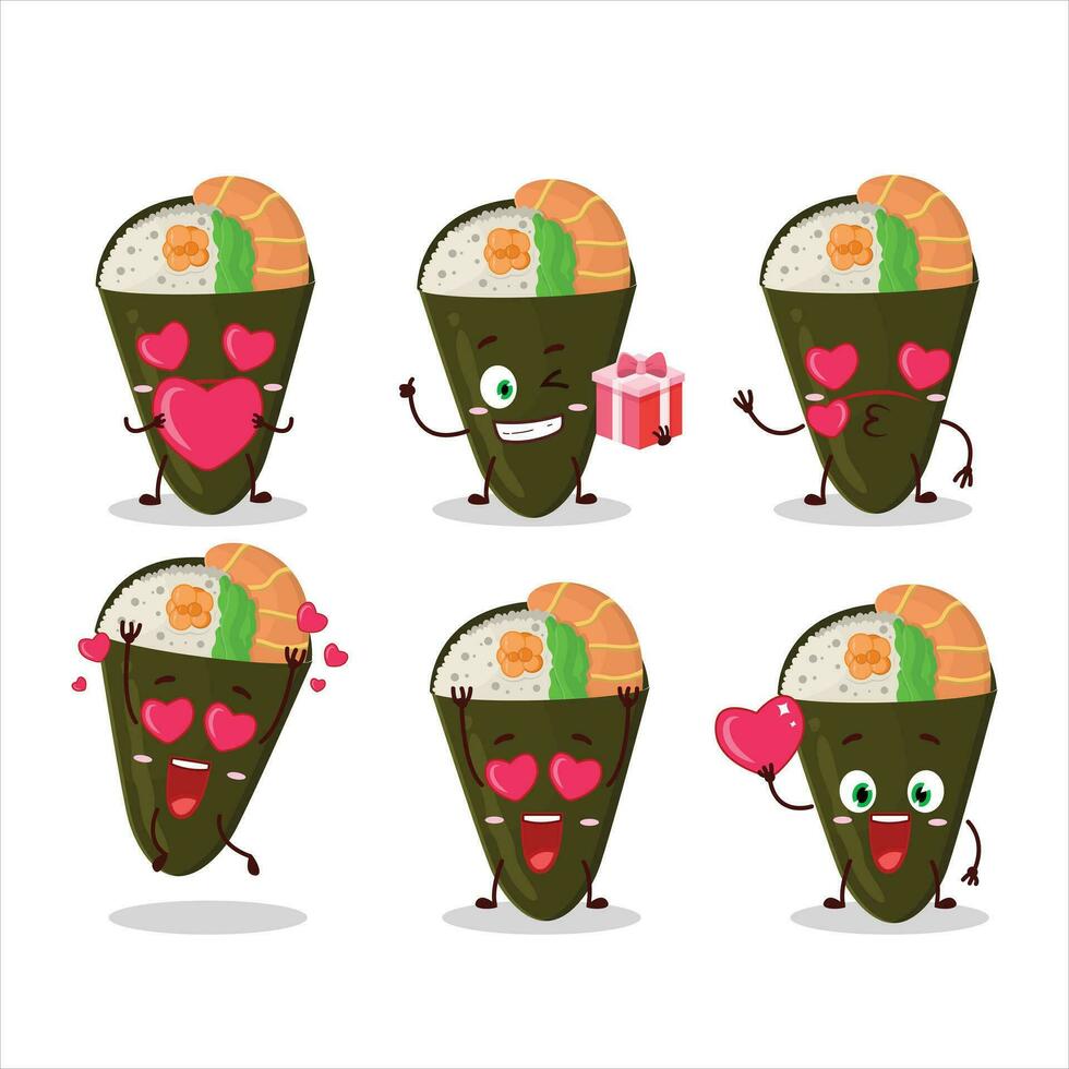 Temaki Karikatur Charakter mit Liebe süß Emoticon vektor