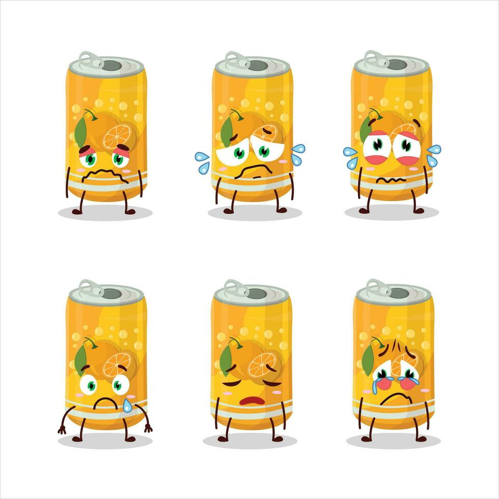 orange soda kan tecknad serie karaktär med ledsen uttryck vektor
