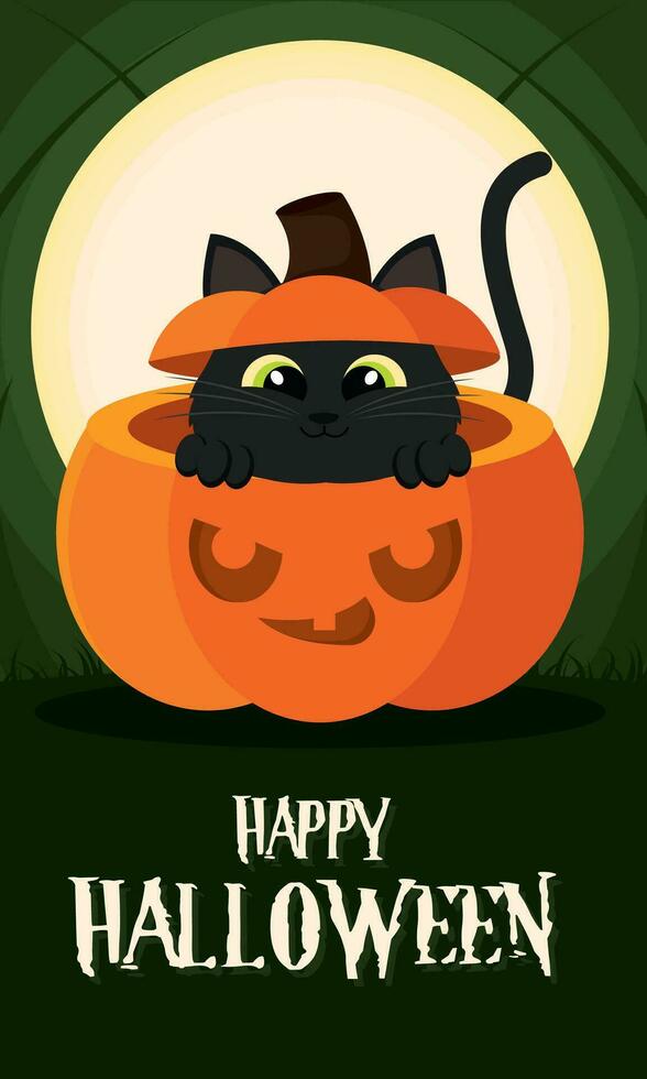 glücklich Halloween Poster Katze im ein Halloween Kürbis Vektor Illustration