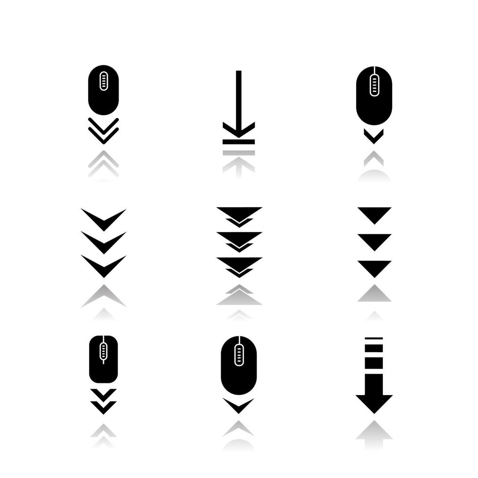 Nach unten scrollen Schaltflächen Schlagschatten schwarze Glyphe Icons Set vektor