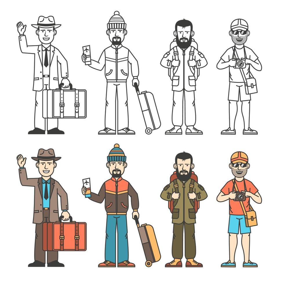 moderna resenärer i olika kläder med olika bagage vektor
