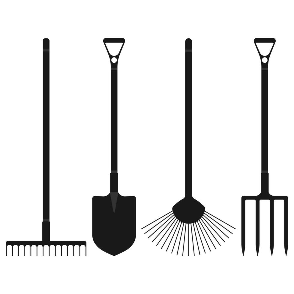 Schaufel oder Spaten, Rechen und Heugabel Symbole isoliert auf Weiß Hintergrund. Gartenarbeit Werkzeuge Design. Vektor Illustration.