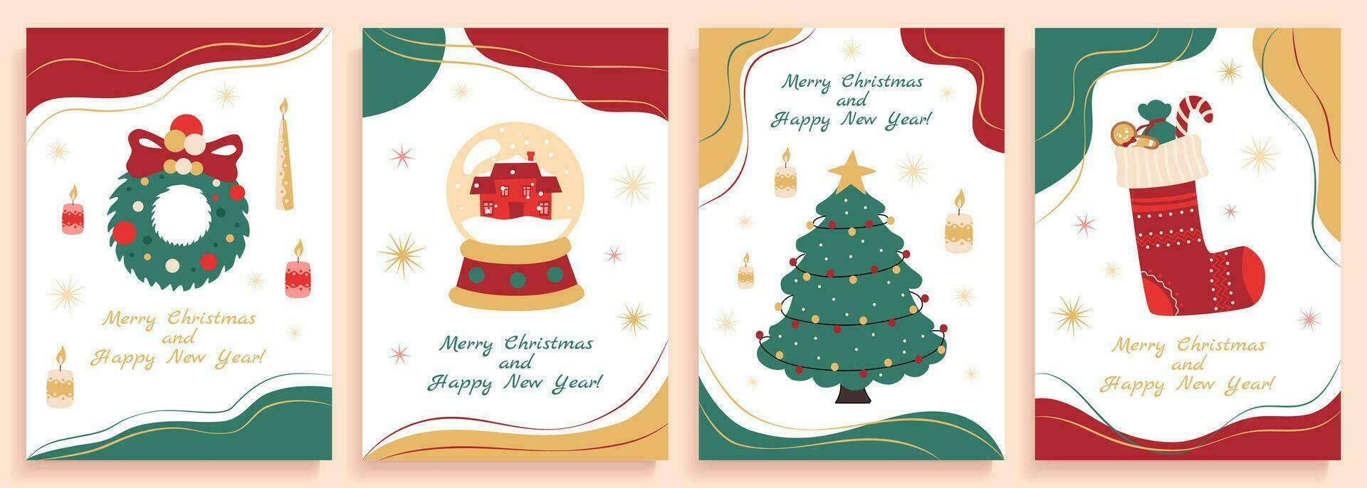 uppsättning av jul posters med söt platt ritningar av jul och ny år symboler, gran träd, glas boll med snö, strumpa med gåvor och krans. vektor illustration.