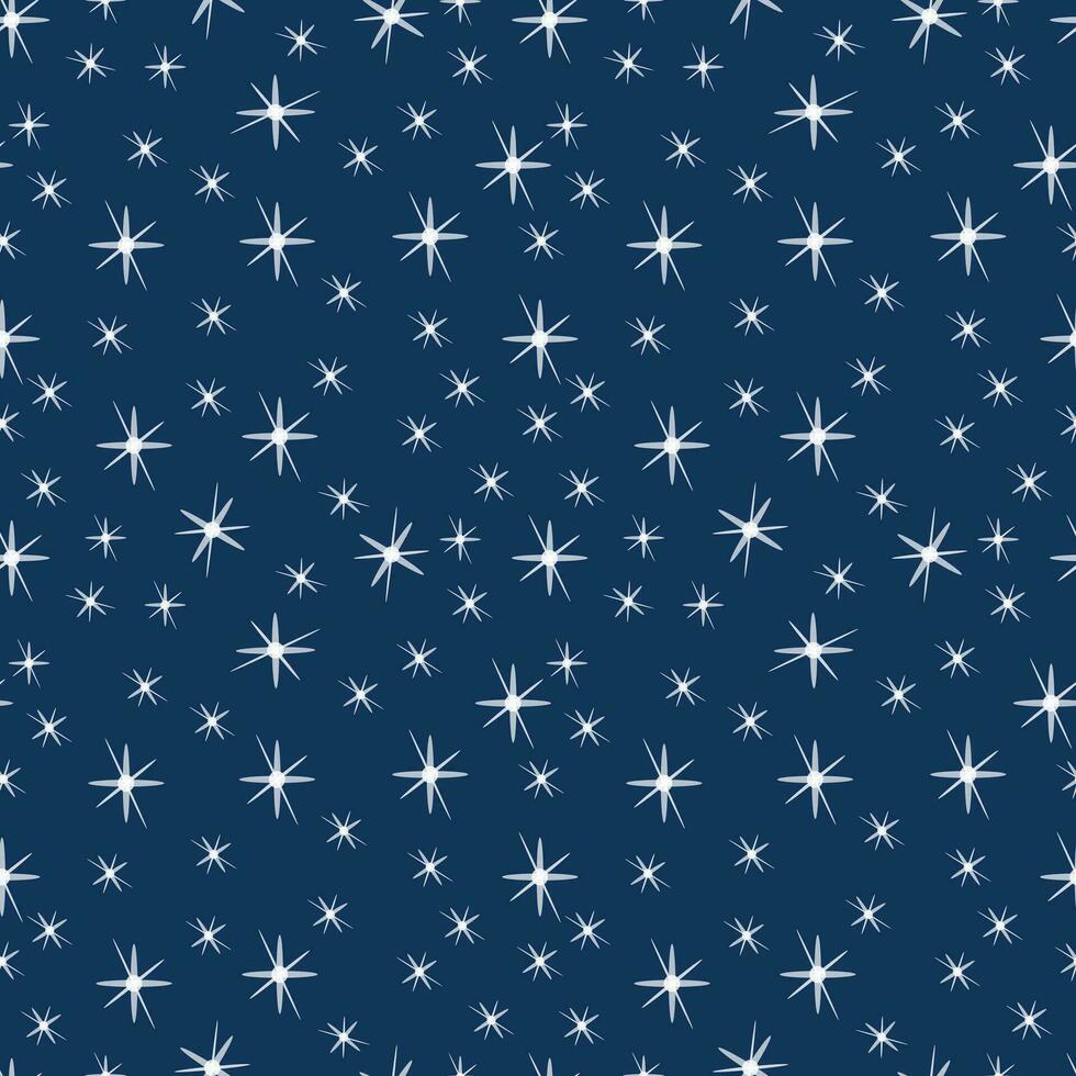 vit stjärnor snöflingor på en mörk blå bakgrund. vektor illustration sömlös vinter- mönster för förpackning, tapet, textilier