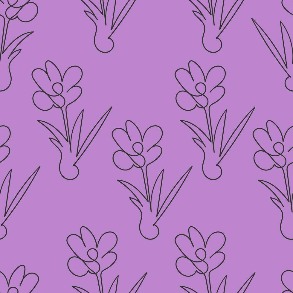 nahtlos Muster schwarz Kontur Blumen Krokusse auf ein lila Hintergrund, kontinuierlich Linie. Gekritzel Vektor Illustration, lila Hintergrund zum Verpackung, Textil, Hintergrund