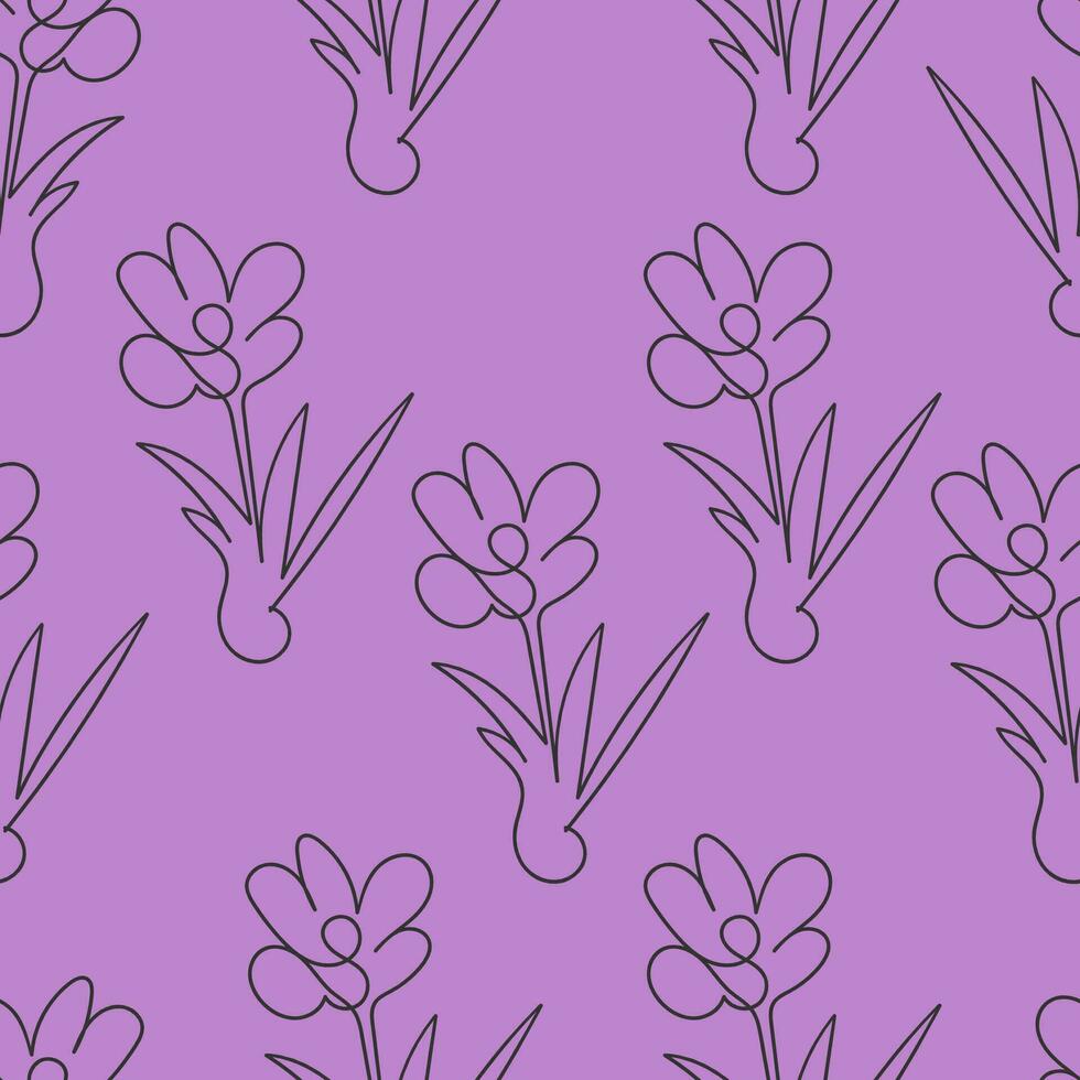 sömlös mönster svart kontur blommor krokusar på en lila bakgrund, kontinuerlig linje. klotter vektor illustration, lila bakgrund för förpackning, textil, tapet