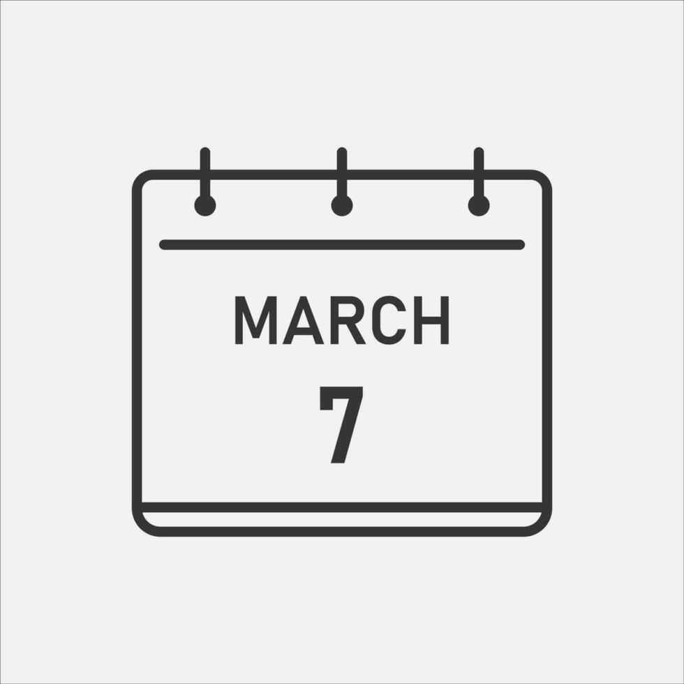Datum 7 von März Linie Symbol. Zeit Tabelle Kalender Tag. Frau Urlaub. Vektor