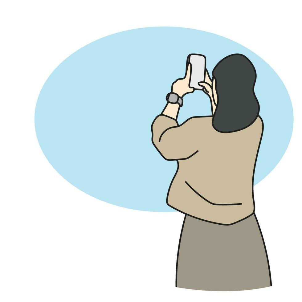bak- se av ung affärskvinna tar en Foto med henne smartphone illustration vektor hand dragen isolerat på vit bakgrund