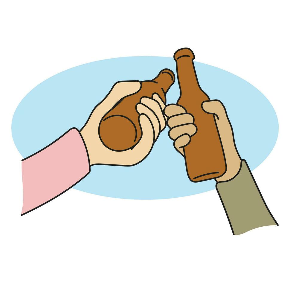 Nahansicht Hände Toasten Flasche von Bier Illustration Vektor Hand gezeichnet isoliert auf Weiß Hintergrund