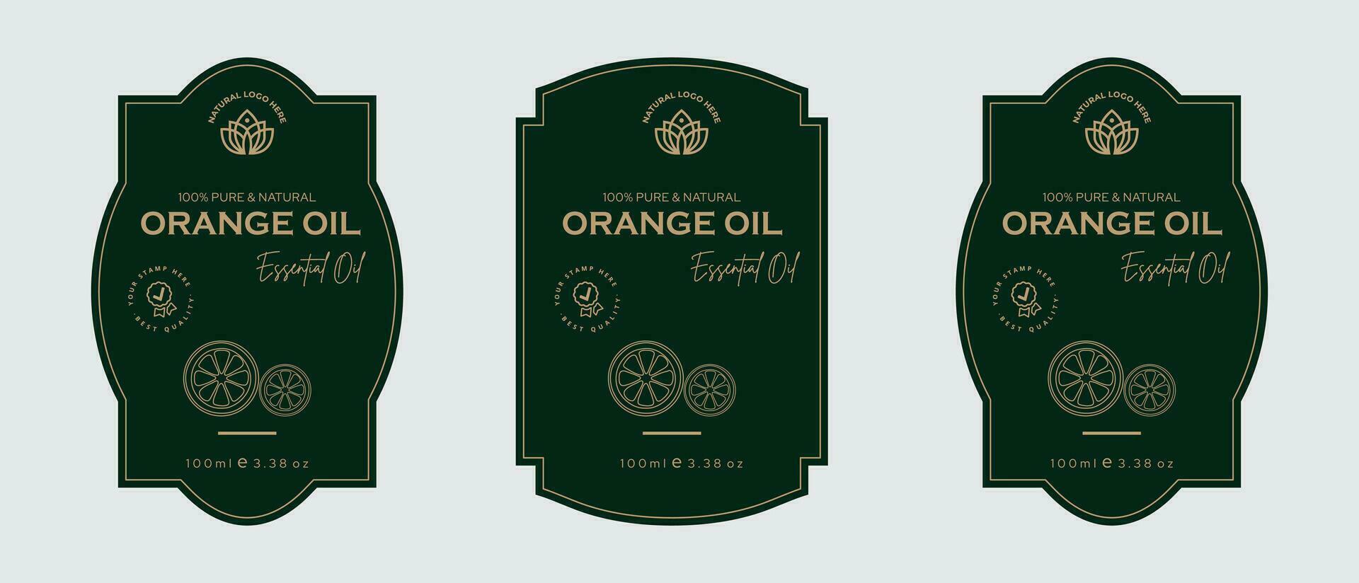 Orange Öl Etikette Design kosmetisch Produkte Etikette zum Haut Pflege und Schönheit, Kräuter- Zutaten. Zitrusfrüchte Etiketten mit Skizzen, und Paket Emblem. Grün Gold Prämie Vektor Illustration