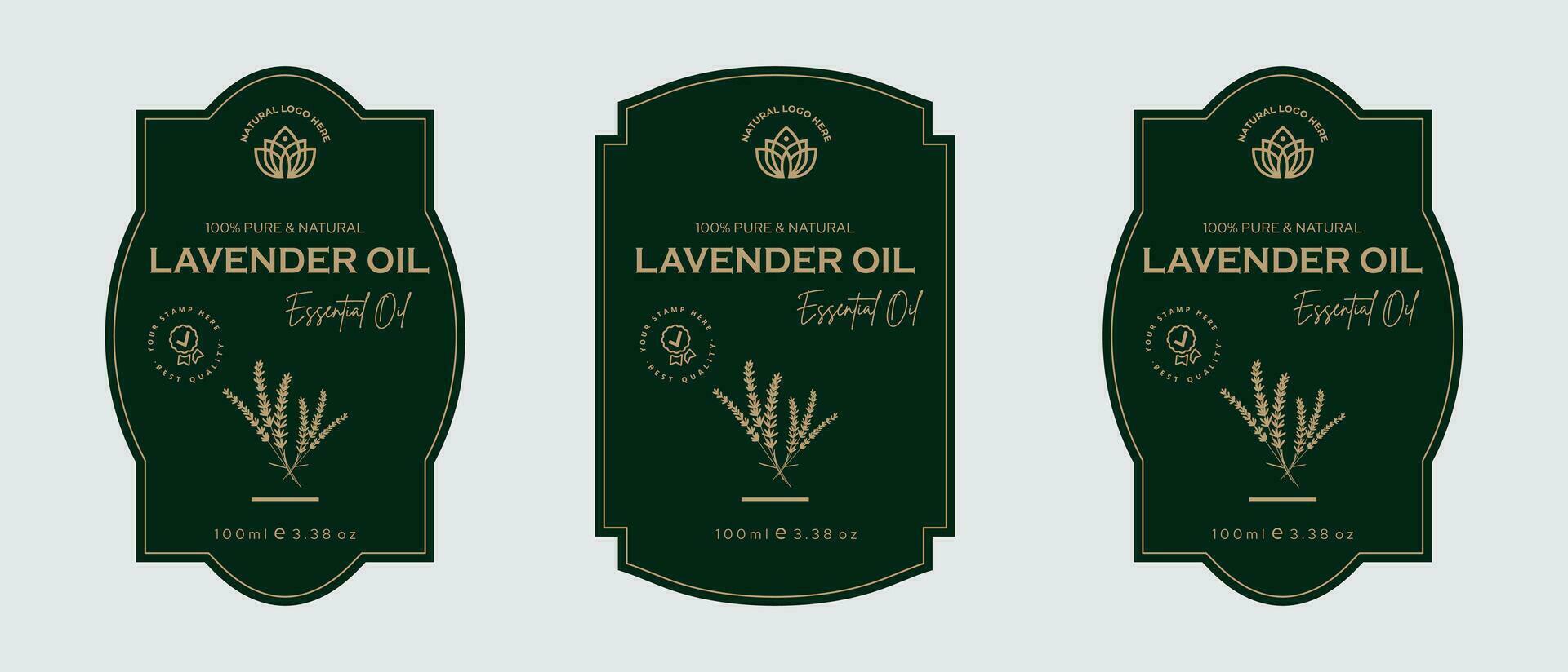 lavendel- olja märka design arom doft märka design kosmetisk Produkter för hud vård och skönhet, ört- Ingredienser. etiketter med skisser, paket emblem. grön guld premie vektor illustration