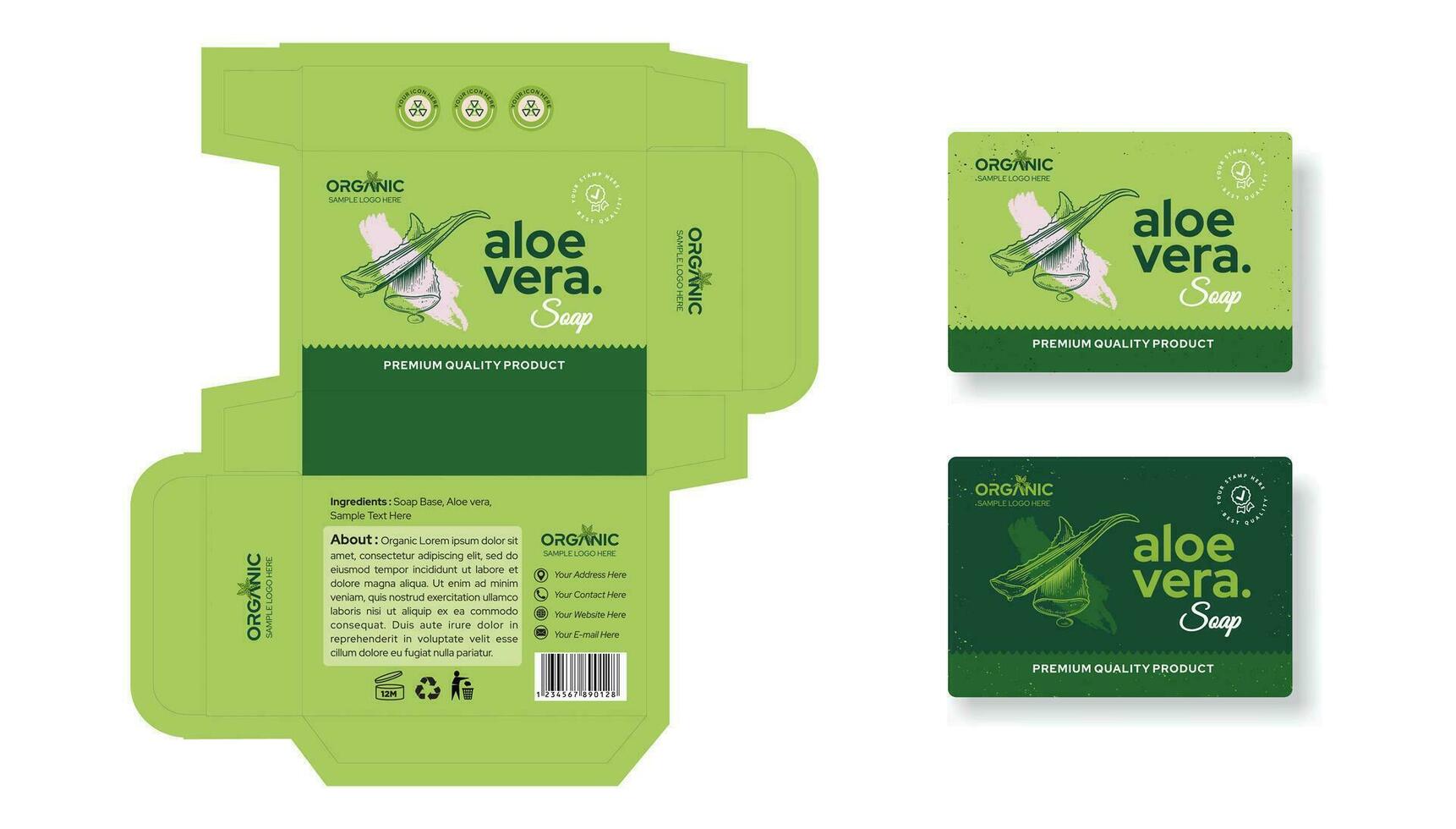 Aloe vera Seife Box Verpackung Design, auch vera Aufkleber, auch vera Seife Box Etikette Design editierbar Vektor Datei herunterladen