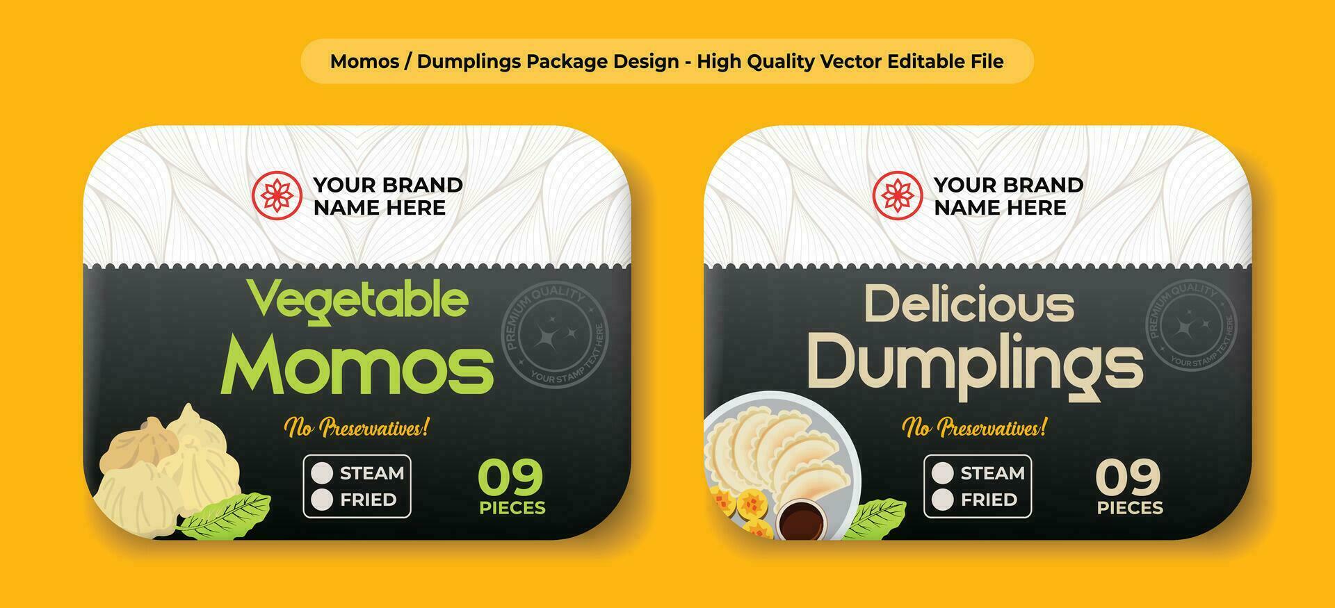 Knödel momos Verpackung Design, dim Summen Etikette Design, Knödel Box Design, Dampf und gebraten Knödel und momos Verpackung Illustration, Momo Verpackung, Prämie Vektor Vorlage Design