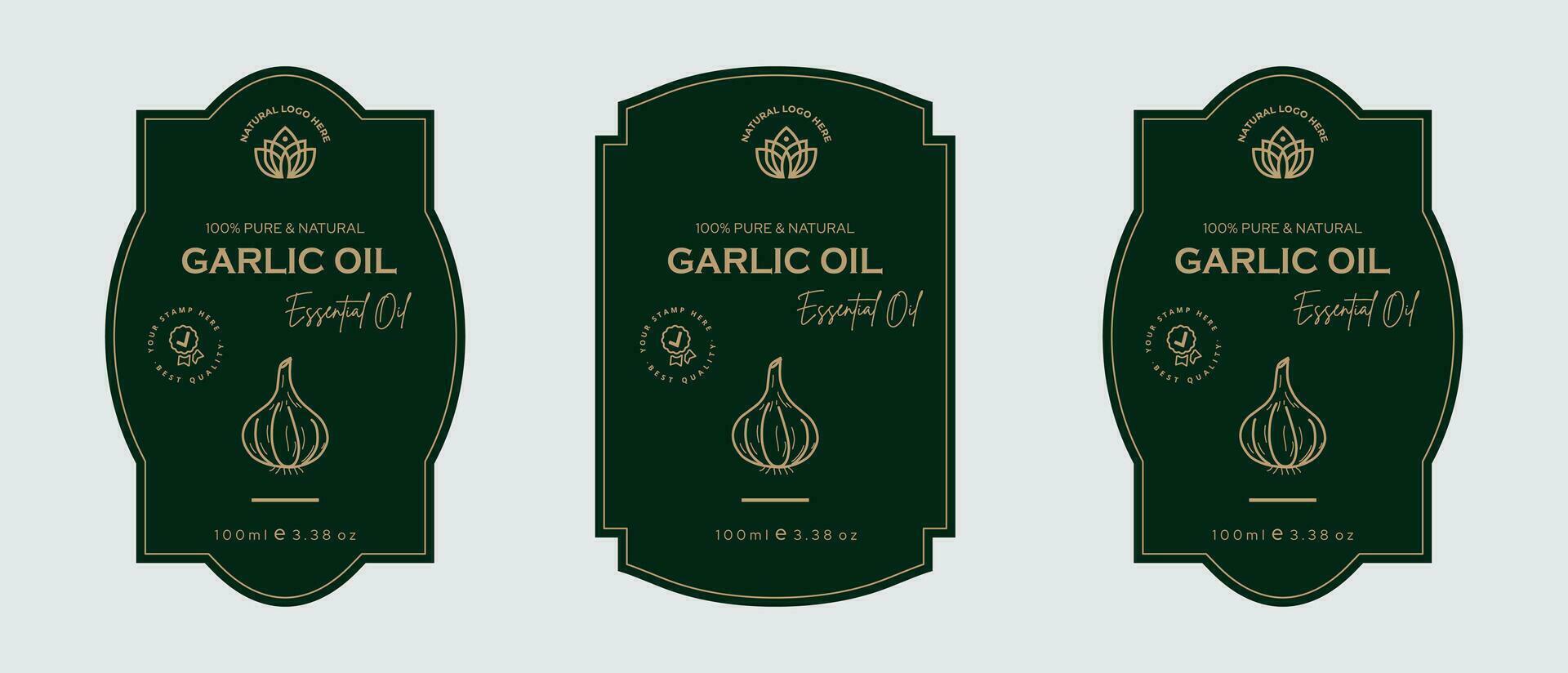 vitlök olja märka design hud vård olja märka design och skönhet Produkter, ört- Ingredienser. vitlök etiketter med skisser, och paket emblem. grön guld premie vektor illustration.