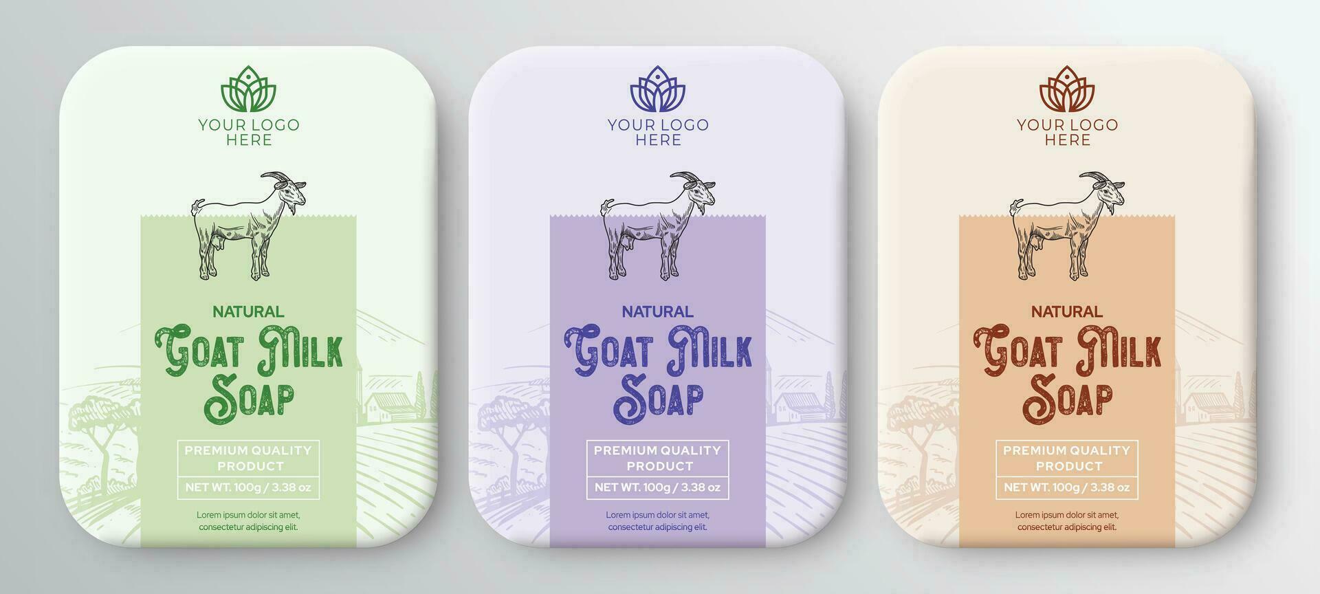 Ziege Milch Seife Etikette Design Hand gezeichnet Ziege Milch Etiketten und Muster zum handgemacht Seife Riegel, natürlich Seife Box Mono Karton Vektor Illustration