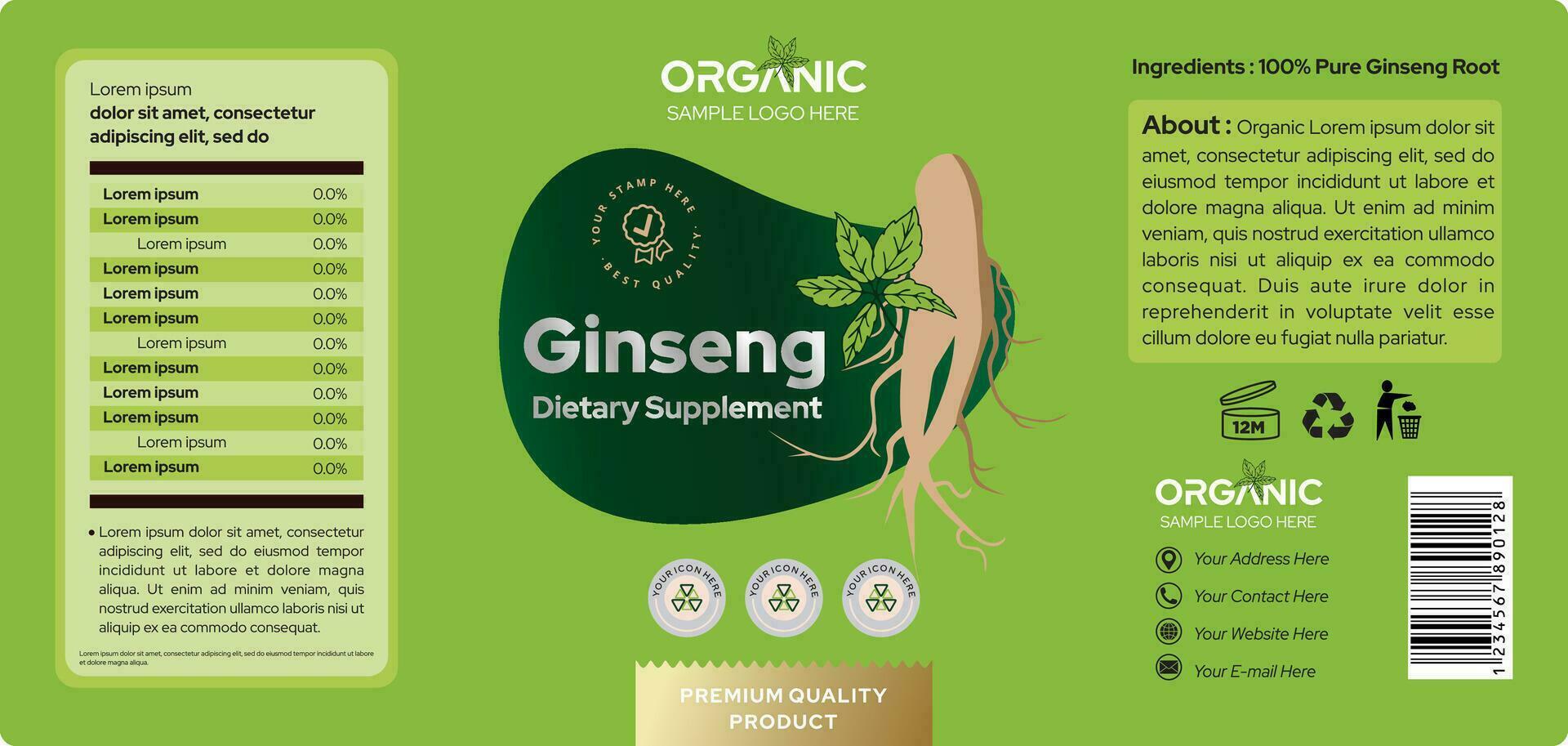 Ginseng Etikette Design Ergänzung Pulver Kapsel Etikette Design Prämie Qualität Design vektor