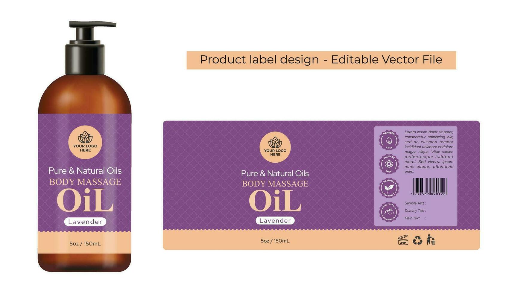 Massage Öl Etikette Design, Haar Öl Körper Öl, Spa Produkt Verpackung Design, Aromatherapie wesentlich Öl Flasche Etikette Design von das kosmetisch Produkt mit realistisch Attrappe, Lehrmodell, Simulation Illustration. vektor