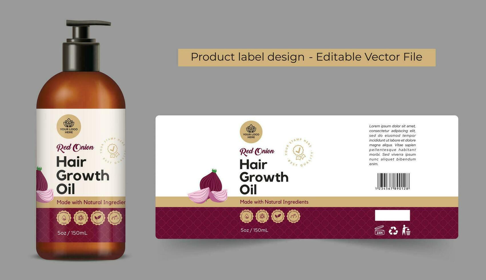 Zwiebel Haar Öl Etikette Design, Privat Etikette Design zum Zwiebel Haar Wachstum Öl Marke, Verpackung Design zum Öl Etikett, Flasche Etikette Design, gemacht mit natürlich Zutaten, editierbar Vorlage Vektor Datei