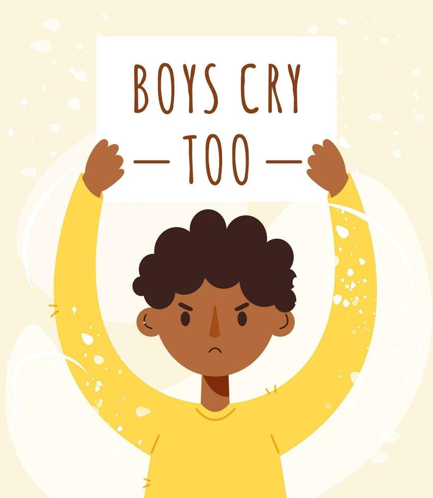 afrikansk amerikan pojke innehav en affisch med inskrift Pojkar gråta för. vektor karaktär i platt tecknad serie stil