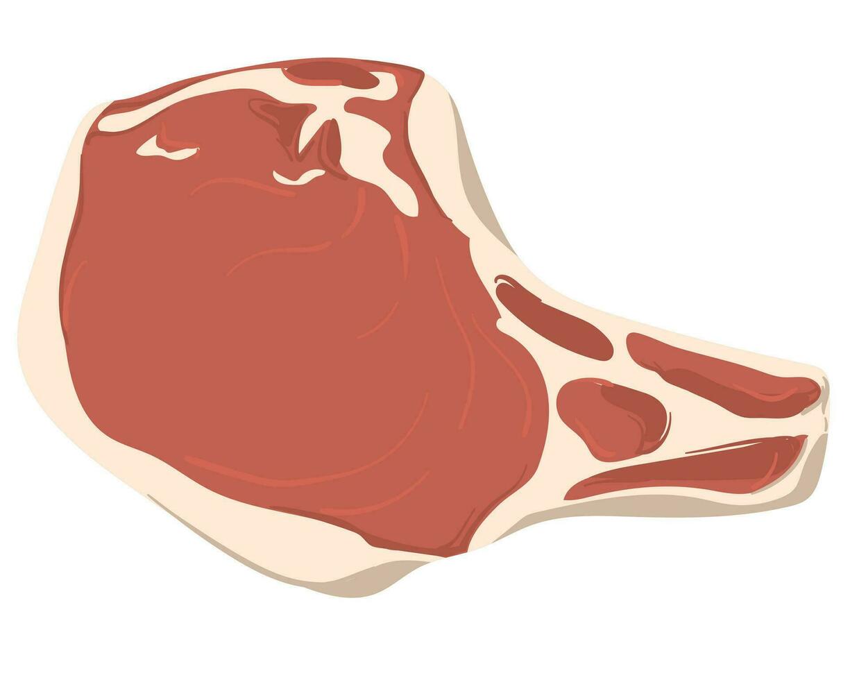 Stück von Rindfleisch mit Knochen. geschnitten Stück von Rippenstück roh frisch fleischig mit Fruchtfleisch. Vektor Illustration im ein eben Stil. Steak auf ein Weiß Teller im Karikatur Stil.