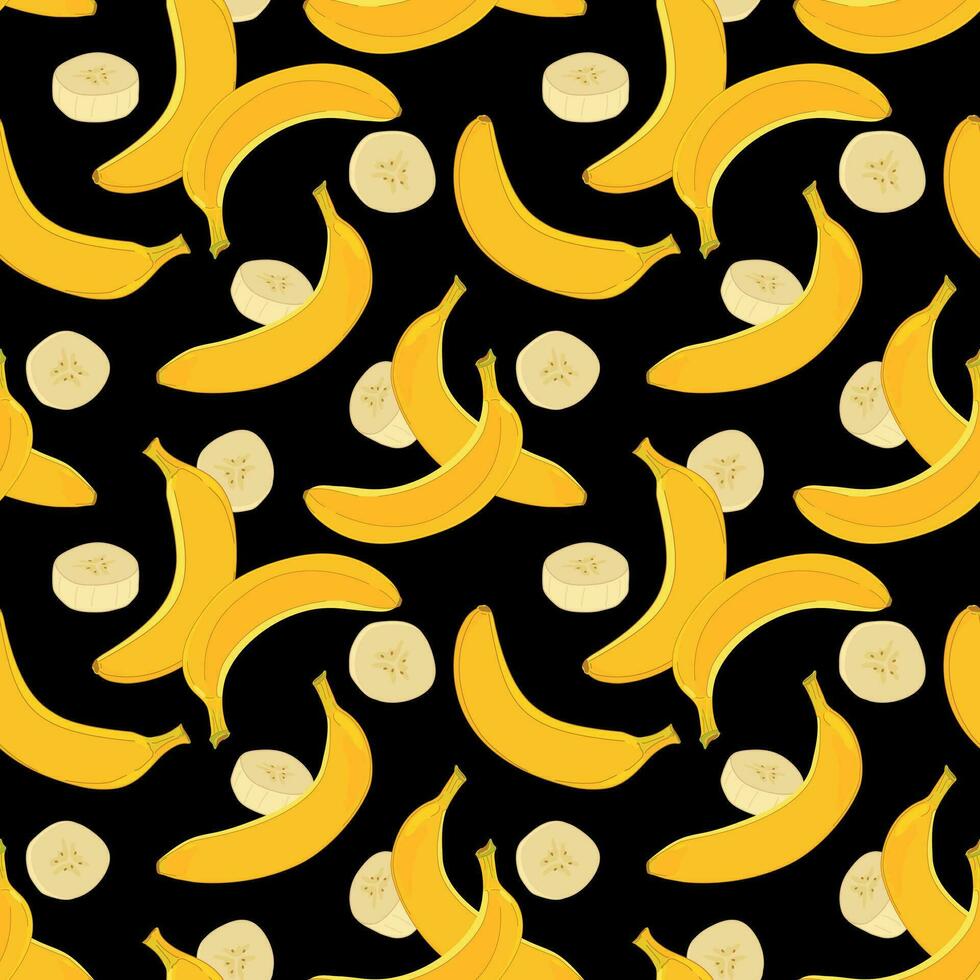 Banane nahtlos Muster auf schwarz Hintergrund. Vektor. Design zum Verpackung Papier, Textil, Stoff. Gelb reif exotisch Frucht, ganze im schälen und Stücke von Fruchtfleisch. vektor