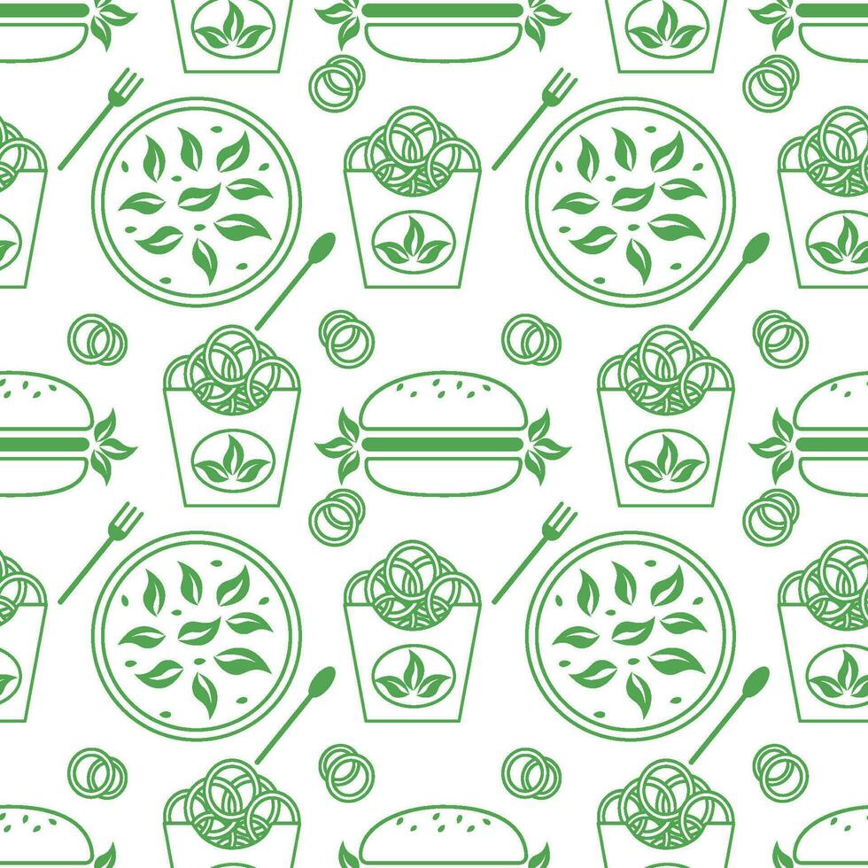 Vektor Muster abbilden schnell Essen, Hamburger, Zwiebel Ringe, Garnele, Grüner Salat. ein einstellen von schnell Essen Zeichnungen auf ein Weiß Hintergrund. Ideal zum Speisekarte Design oder Essen Verpackung.