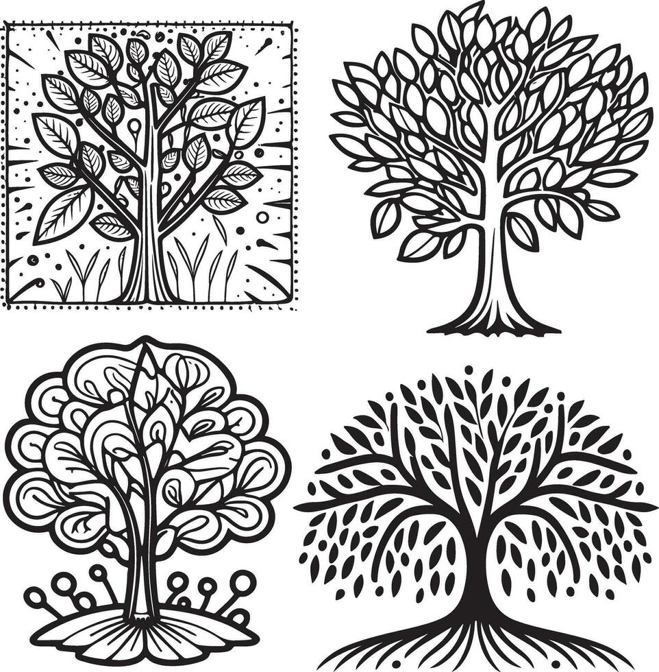 4 träd tecknad serie färg sida illustration vektor. för barn färg bok. vektor