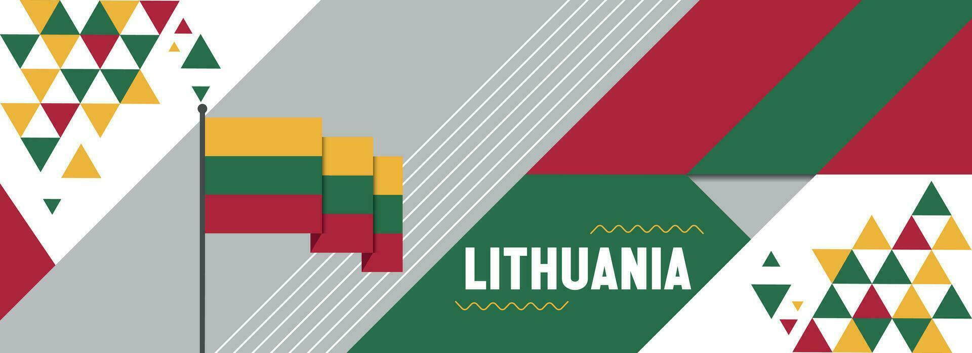 Litauen National oder Unabhängigkeit Tag Banner Design zum Land Feier. Flagge von Litauen mit modern retro Design und abstrakt geometrisch Symbole. Vektor Illustration.