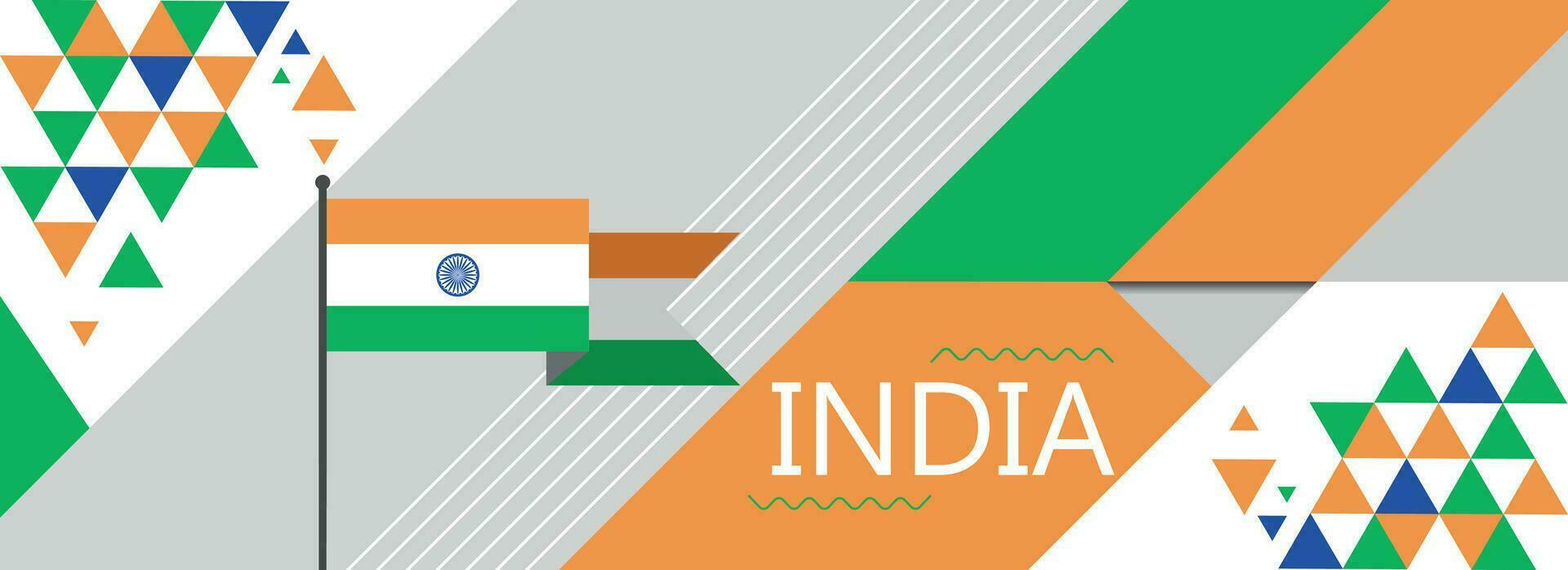 Indien National oder Unabhängigkeit Tag Banner Design zum Land Feier. Flagge von Indien mit modern retro Design und abstrakt geometrisch Symbole. Vektor Illustration.