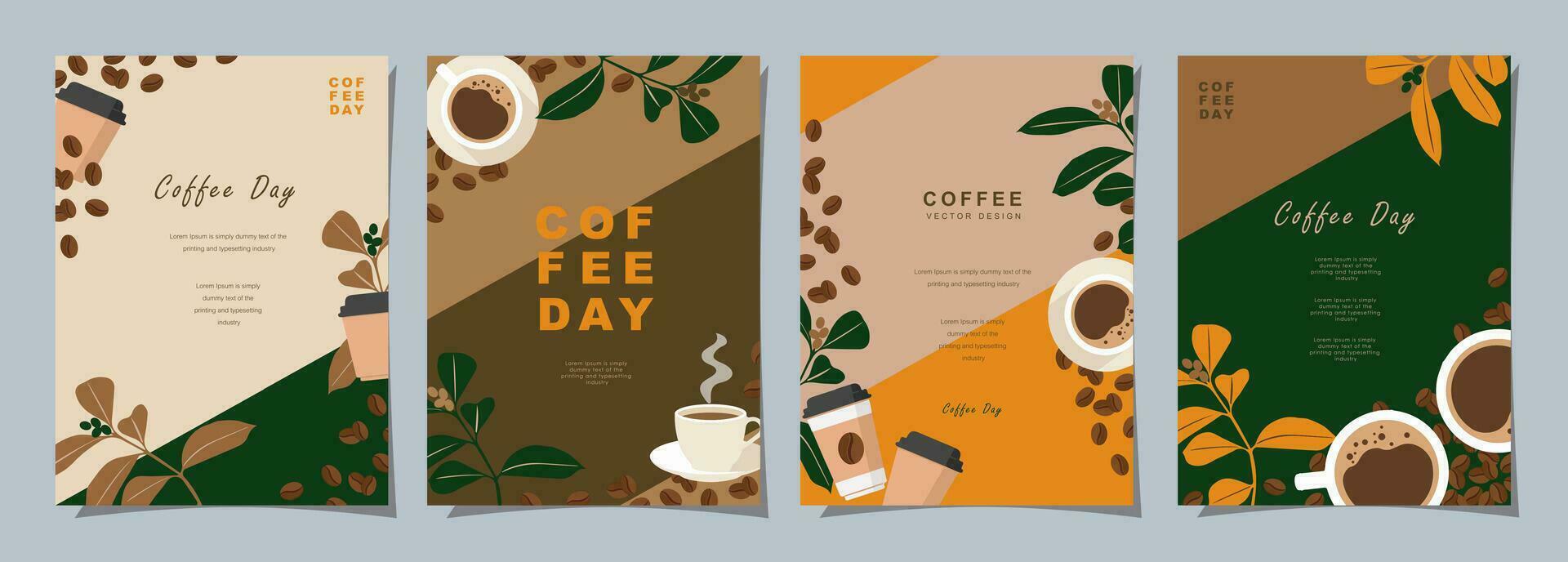 uppsättning av skiss banderoller med kaffe bönor och löv på färgrik bakgrund för affisch, meny, Kafé eller annan mall design. kaffe dag. vektor illustration.