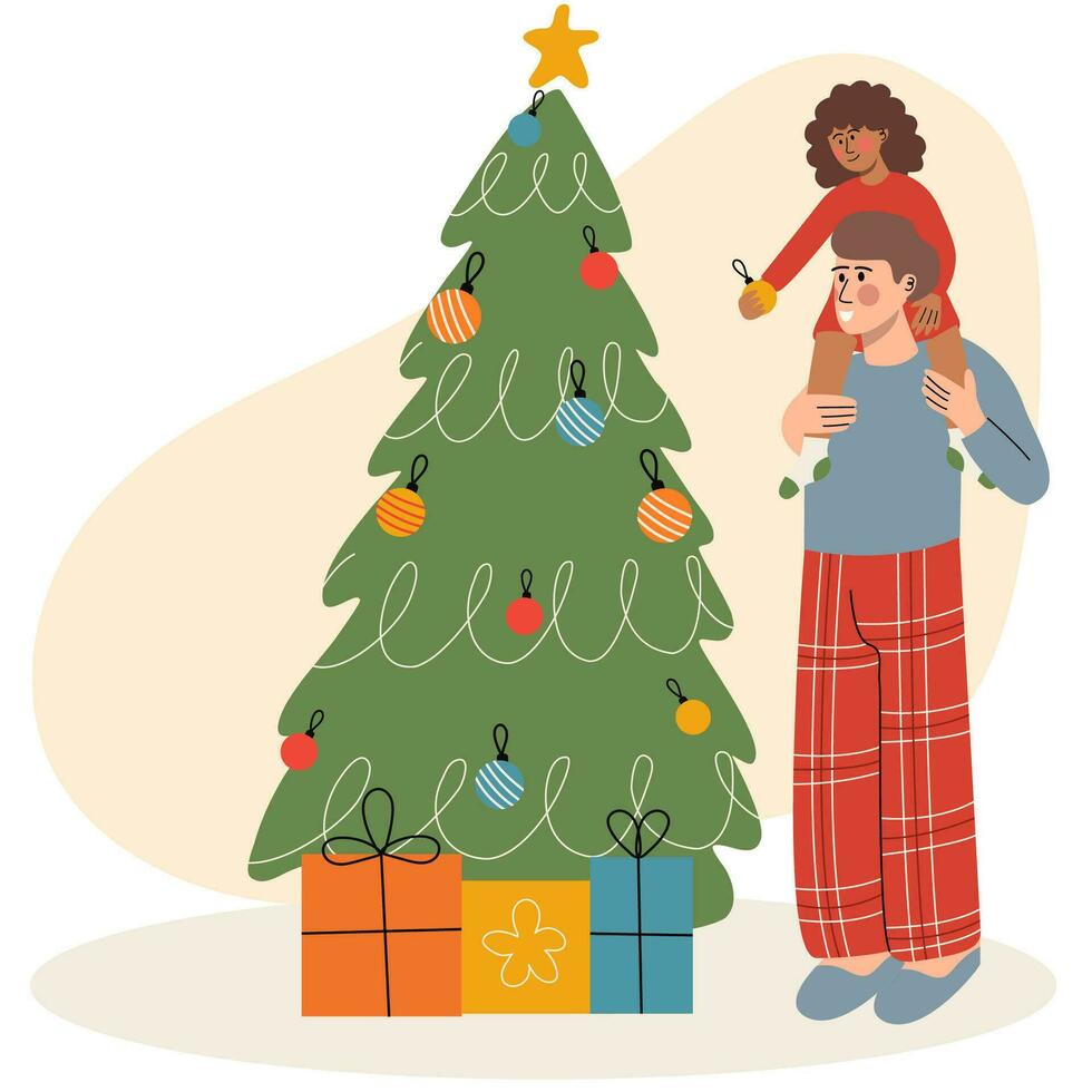 far och dotter decirerade jul träd. livsstil människor på Semester begrepp. pappa och dotter tillsammans. vektor