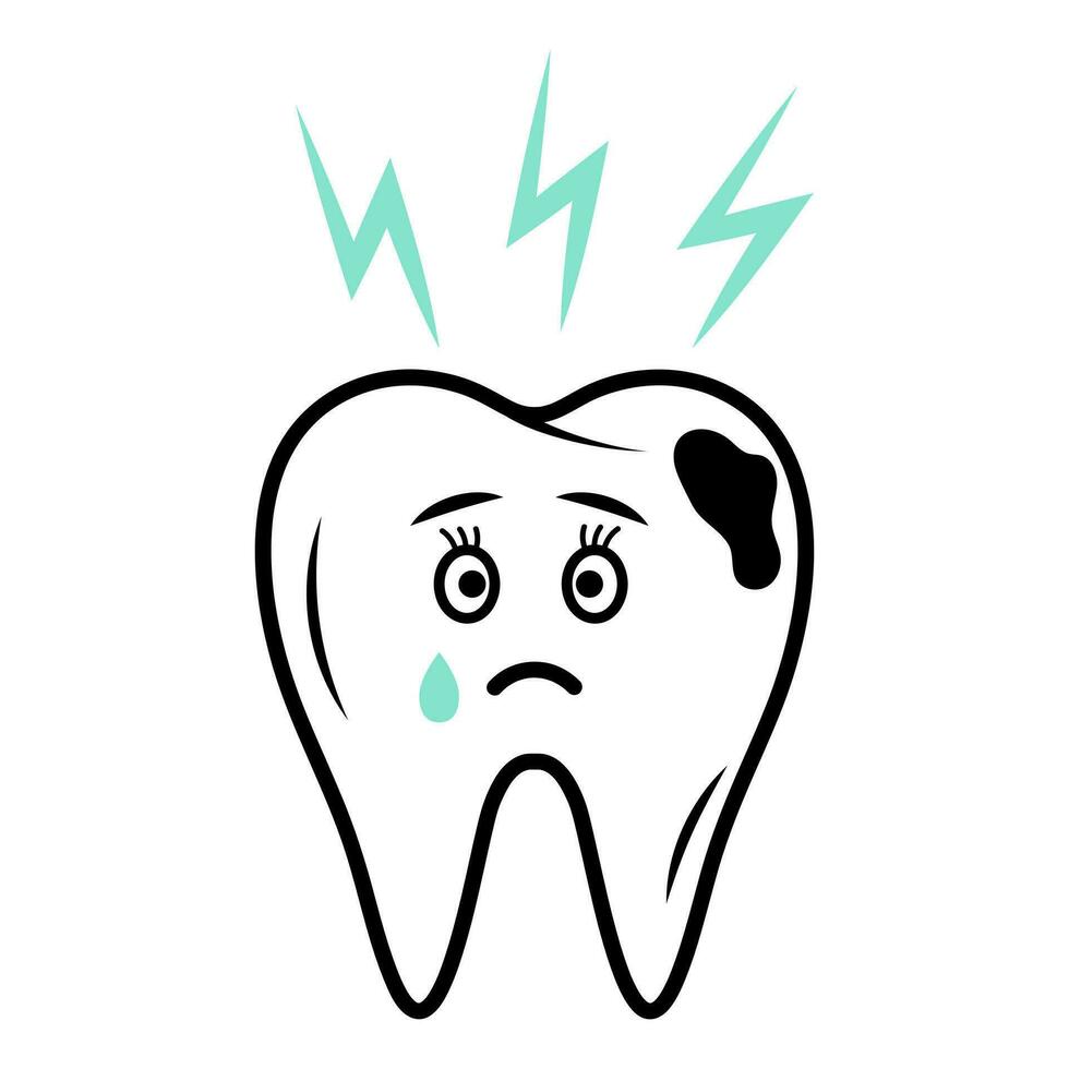 tand söt ledsen karaktär med karies gråt. linjär klotter ikon med blå blixt- ikon. tand smärta, gummi problem, dental behandling, dental vård begrepp. vektor