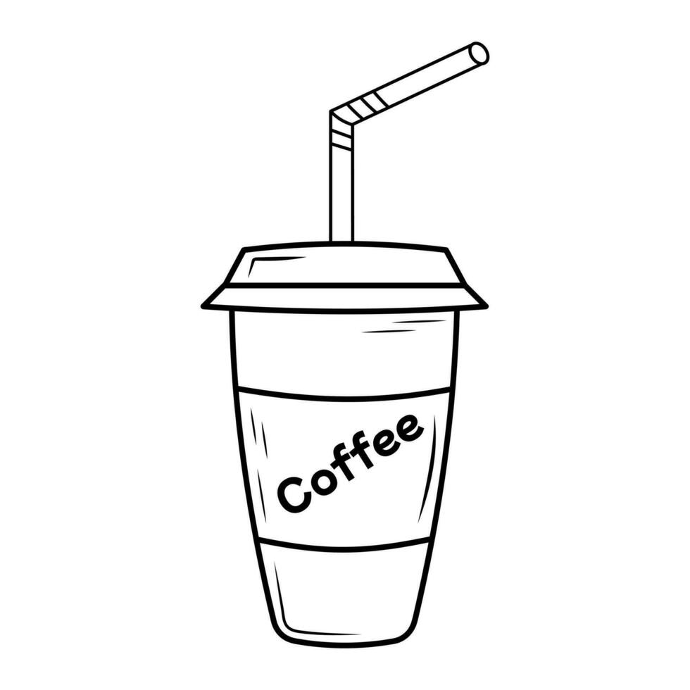 kaffe i en papper kopp med en sugrör. gata mat linjär ikon. hämtmat klotter dryck. vektor