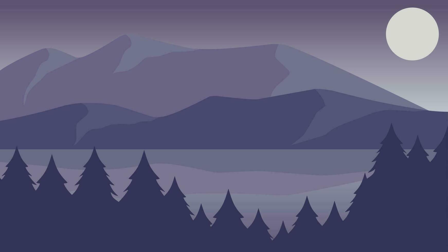 Berg See im das Nacht Landschaft Vektor Illustration. Berg Betrachtung auf das See. Berg Landschaft zum Hintergrund, Hintergrund, oder Landung Buchseite. Landschaft Panorama Natur Illustration