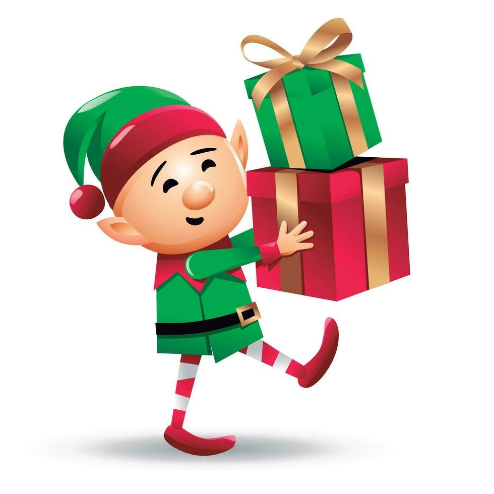 Vektor Illustration von ein Weihnachten Elf mit Geschenke isoliert auf Weiß Hintergrund.