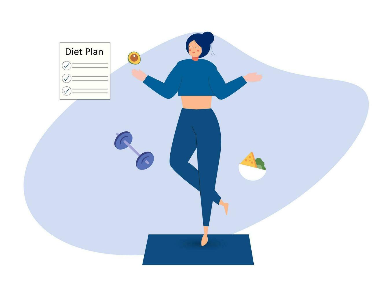 gesund Öko Diät planen Vektor Illustration. frisch organisch Gemüse. Frau Planung Diät mit Obst und Gemüse. Konzept von gesund Essen, Mahlzeit Planung, Ernährung Beratung, Balance Diät Programm