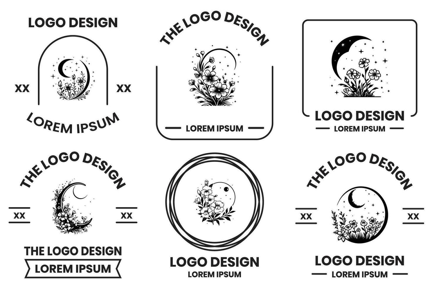 Mond mit Blumen Logo im eben Linie Kunst Stil vektor