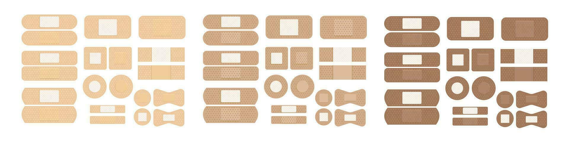 uppsättning av medicinsk plåster för olika hud färger. annorlunda lim lappa. vektor illustration